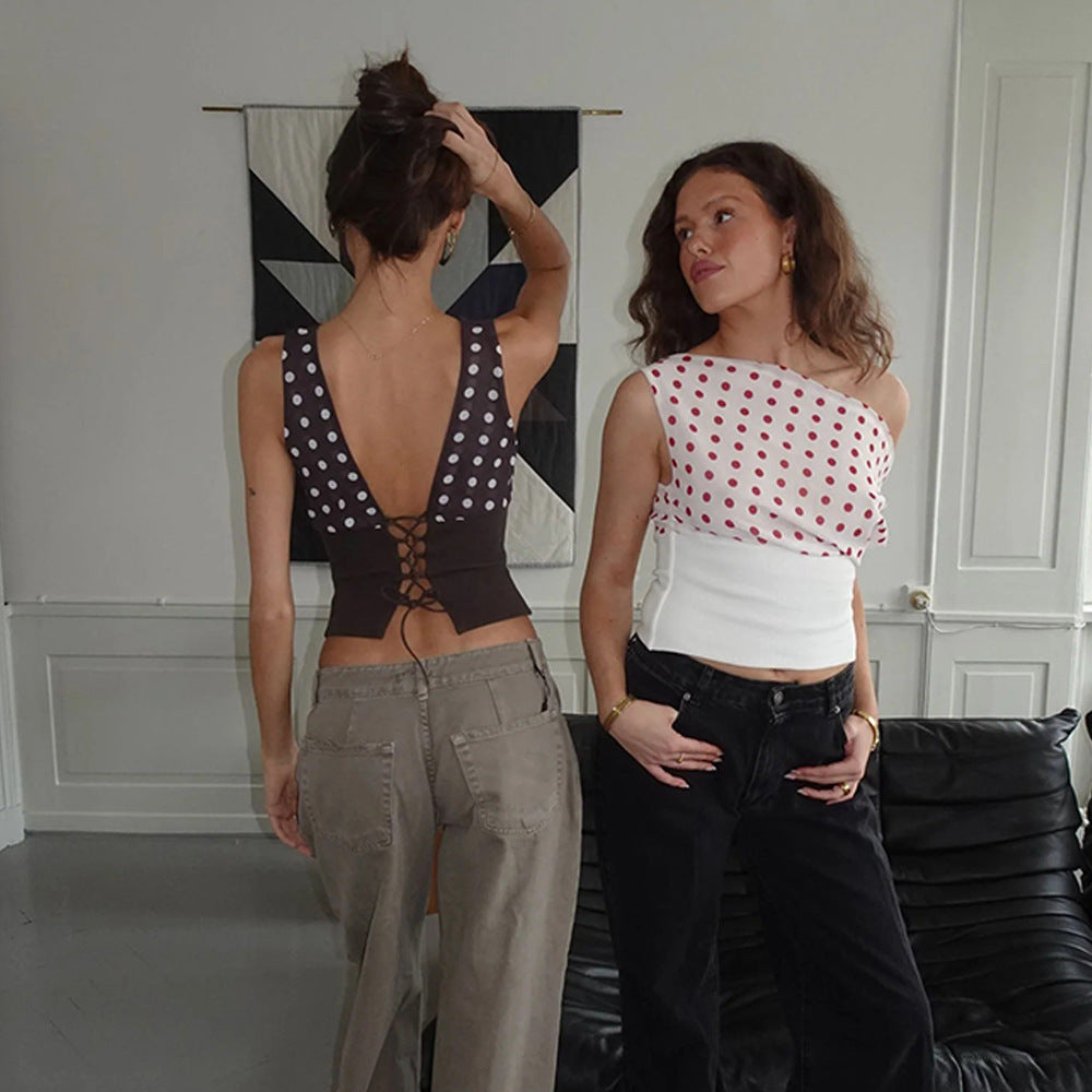 Polka Dots Print Oblique Shoulder Tops Summer Patchwork Chiffon Crop Top