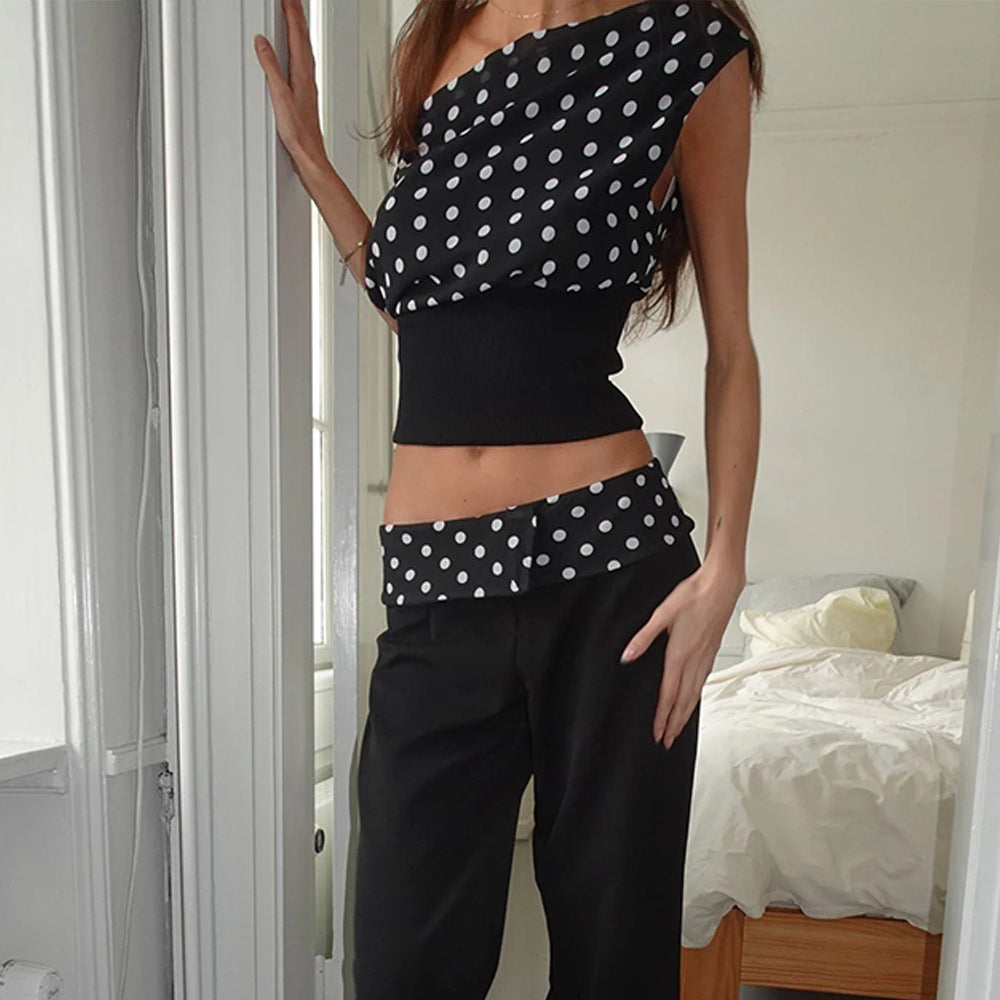 Polka Dots Print Oblique Shoulder Tops Summer Patchwork Chiffon Crop Top