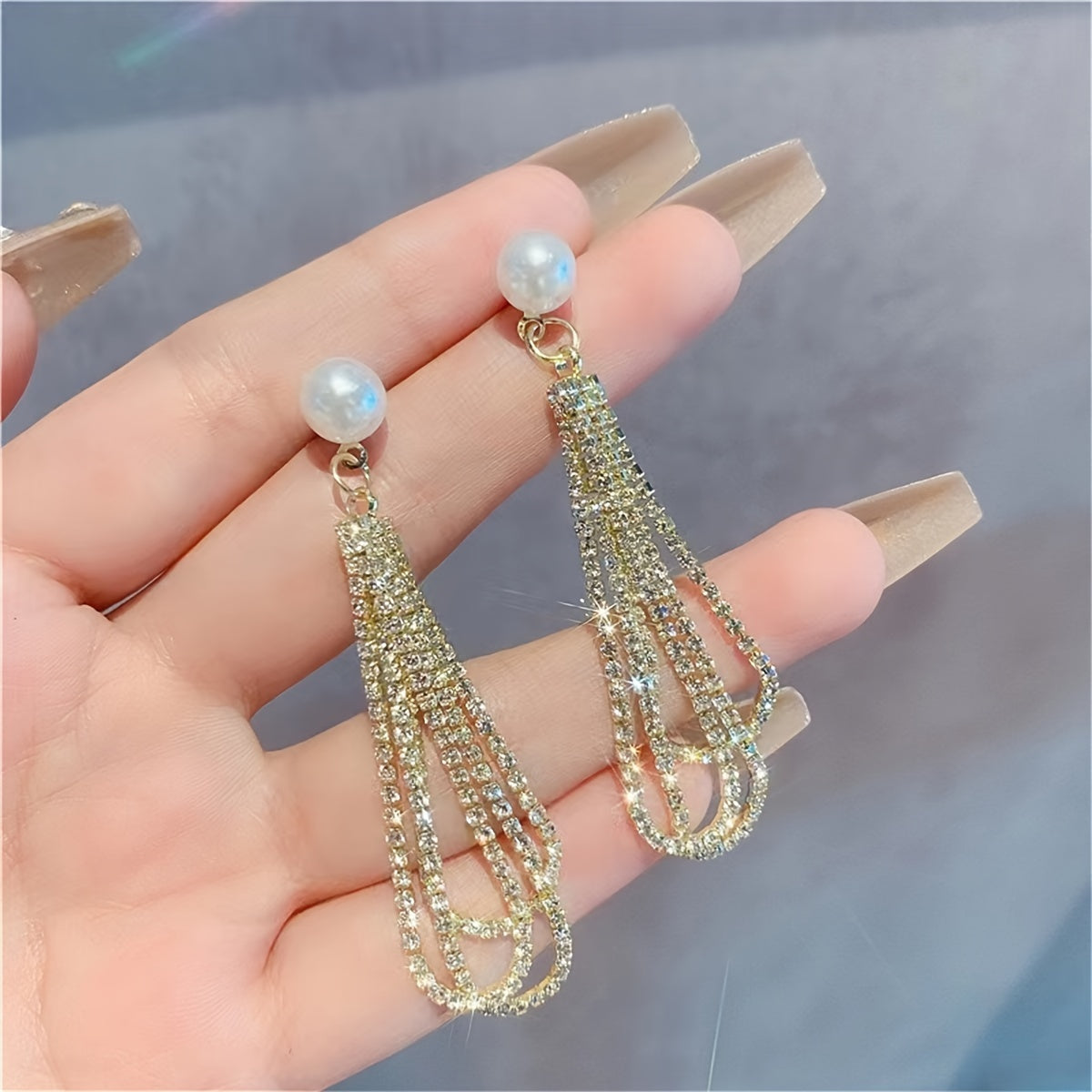 Gorgeous Big Teardrop Dangle Inlaid Pearl and Crystal Earrings