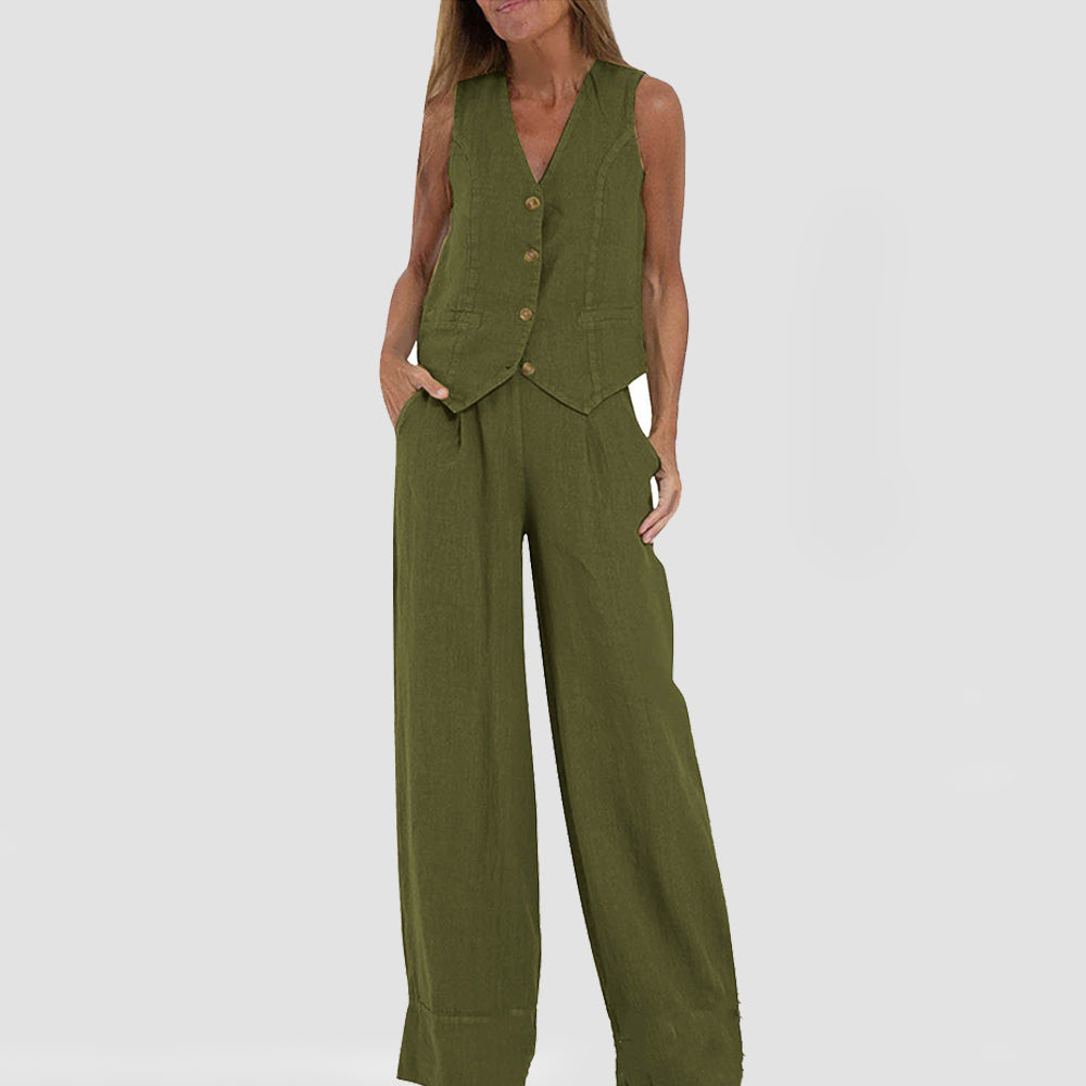 Summer Vest Suits V-neck Bottom Sleeveless Top And Loose Straight Trousers