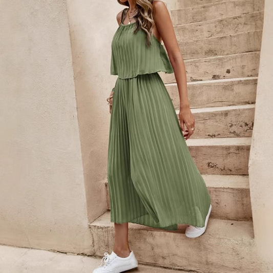 One-Piece Outfit Beach Style Striped Wide Leg Trousers Casual Suit