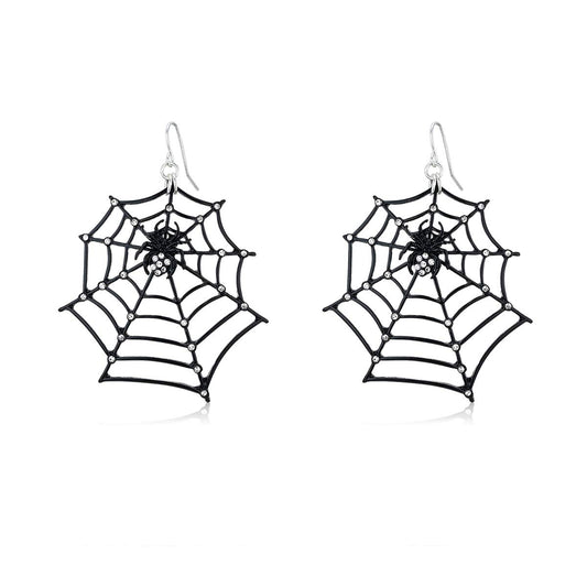 Spider Web Dangle Earrings – Black Rhinestone Halloween Jewelry