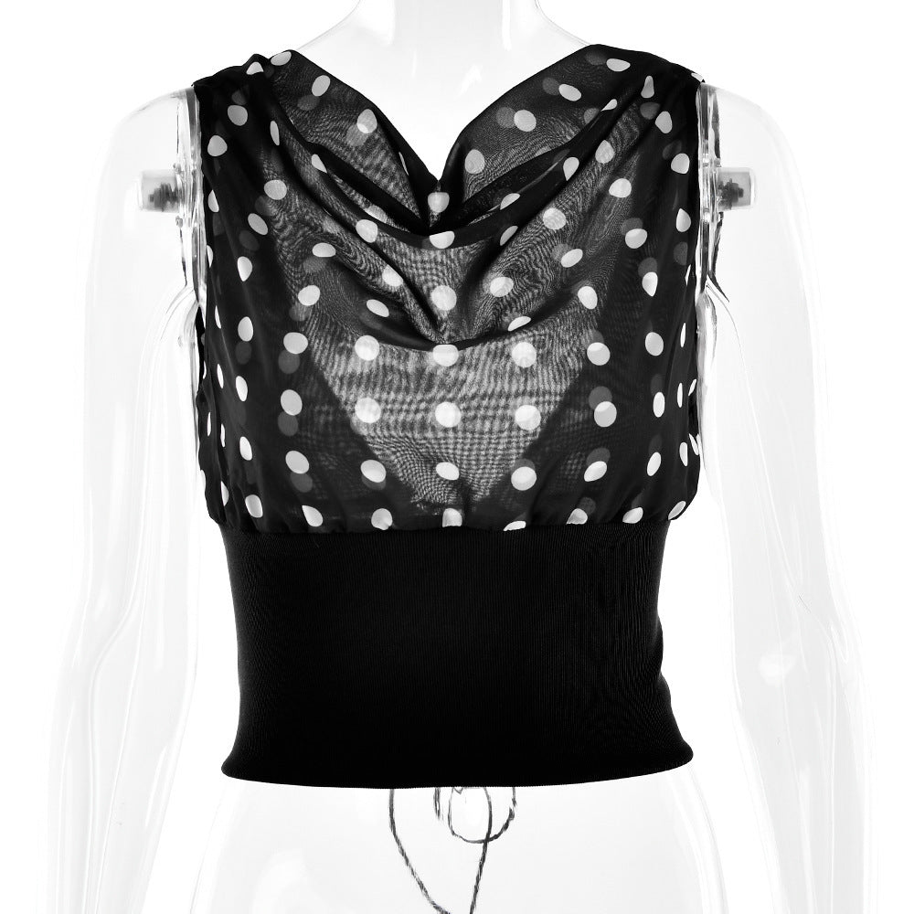 Polka Dots Print Oblique Shoulder Tops Summer Patchwork Chiffon Crop Top