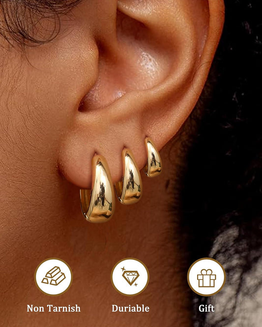 BESTEEL 3Pairs 14K Gold Plated Hoop Earrings Set