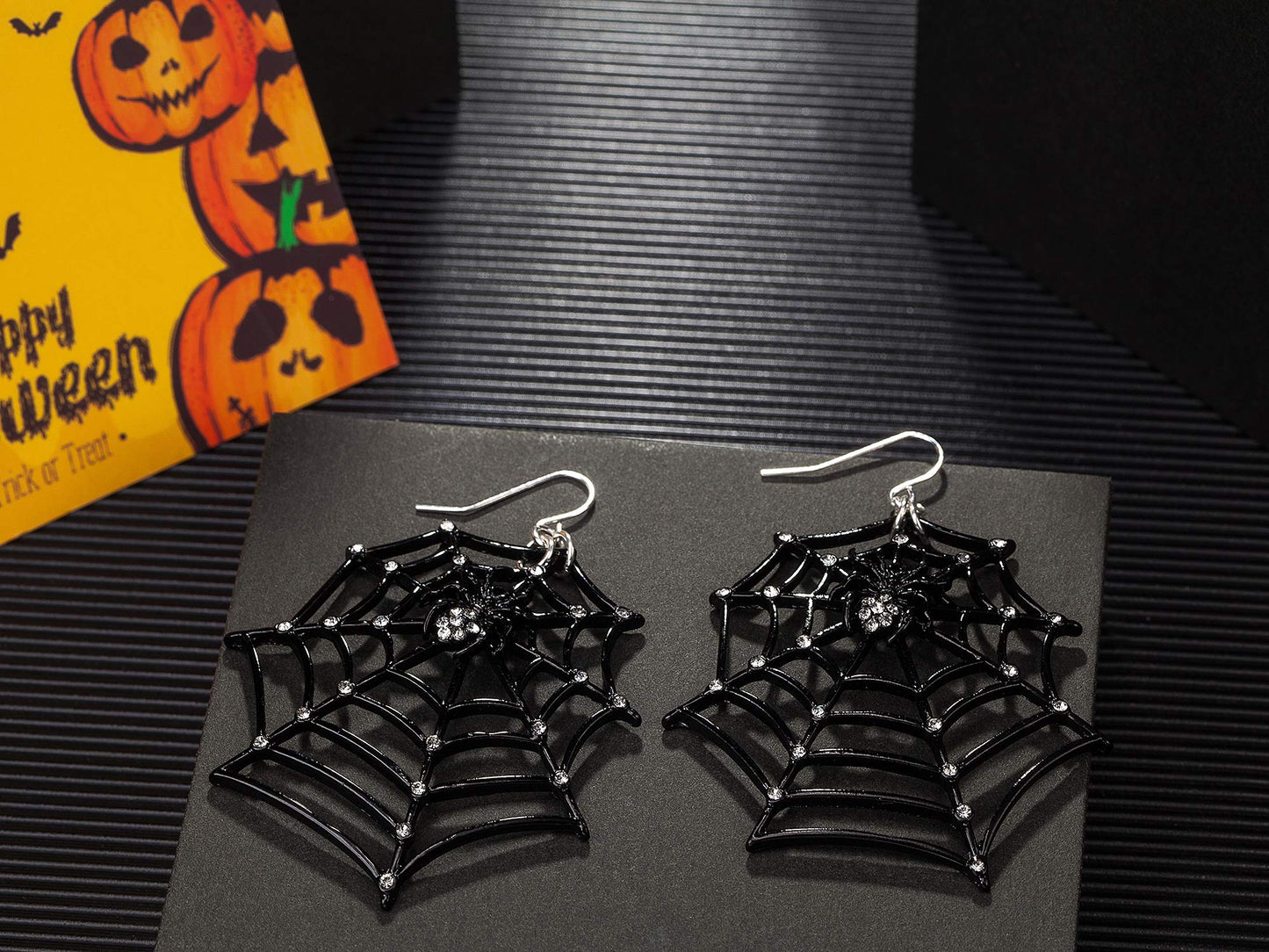 Spider Web Dangle Earrings – Black Rhinestone Halloween Jewelry