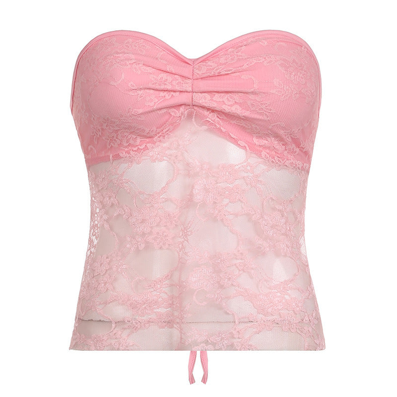 Bow Lace Tube Top Sexy Backless Lace-up Dopamine
