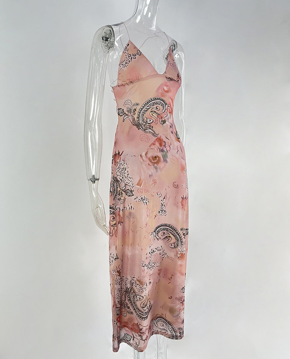 Floral Print Halter Spaghetti Straps Dress
