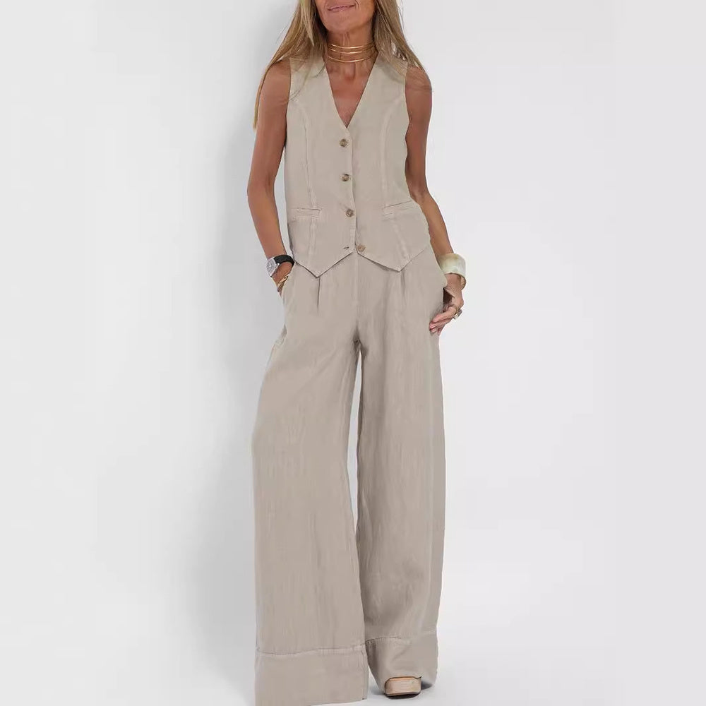 Summer Vest Suits V-neck Bottom Sleeveless Top And Loose Straight Trousers