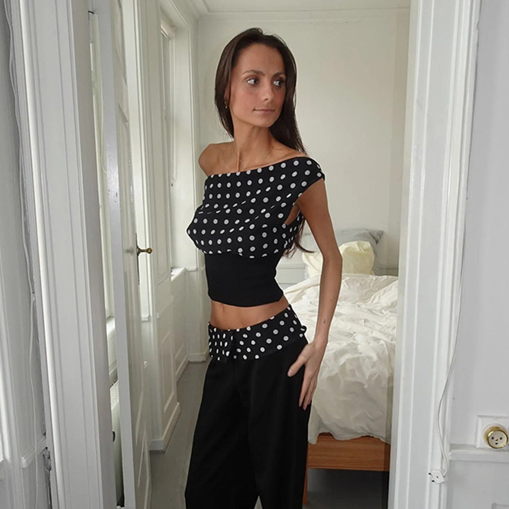 Polka Dots Print Oblique Shoulder Tops Summer Patchwork Chiffon Crop Top