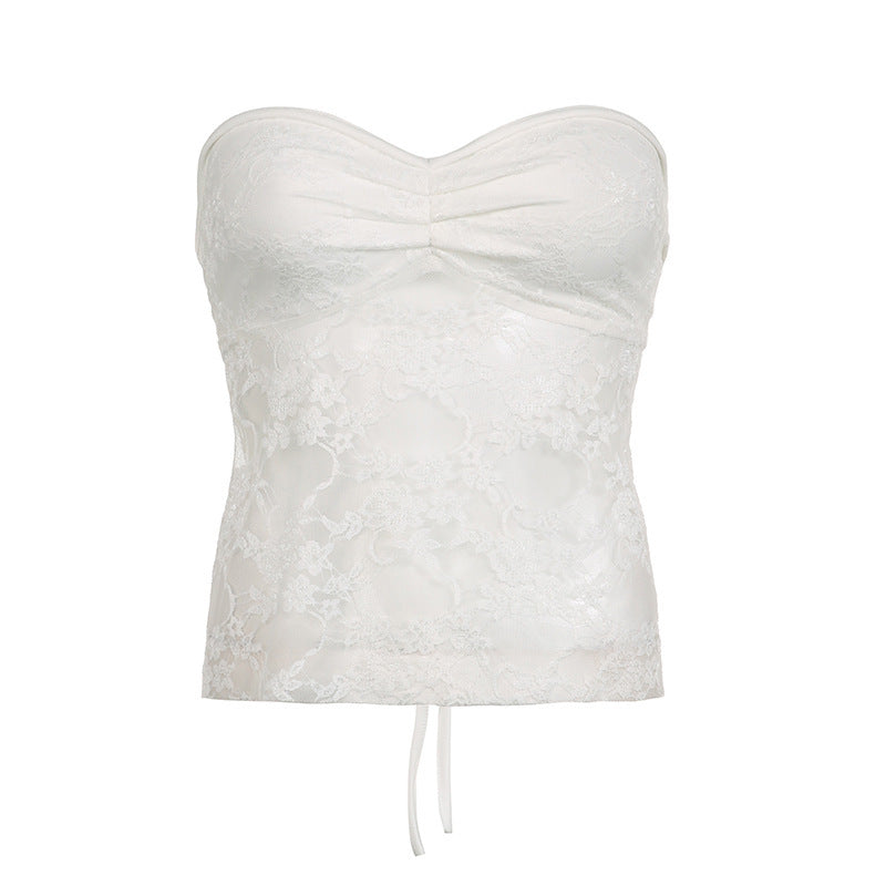 Bow Lace Tube Top Sexy Backless Lace-up Dopamine