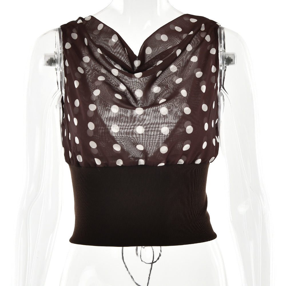 Polka Dots Print Oblique Shoulder Tops Summer Patchwork Chiffon Crop Top