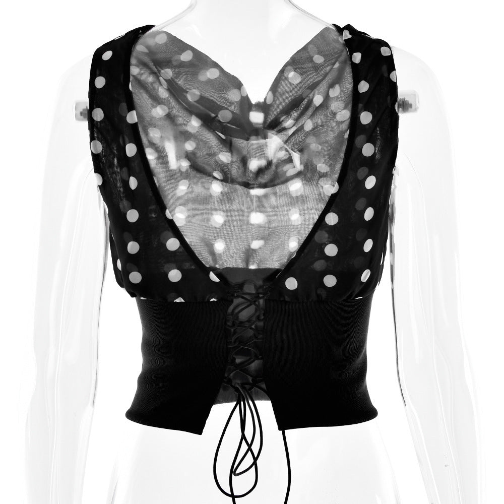 Polka Dots Print Oblique Shoulder Tops Summer Patchwork Chiffon Crop Top
