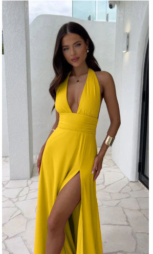 Sexy Halterneck V-neck Slit Dress Summer Backless