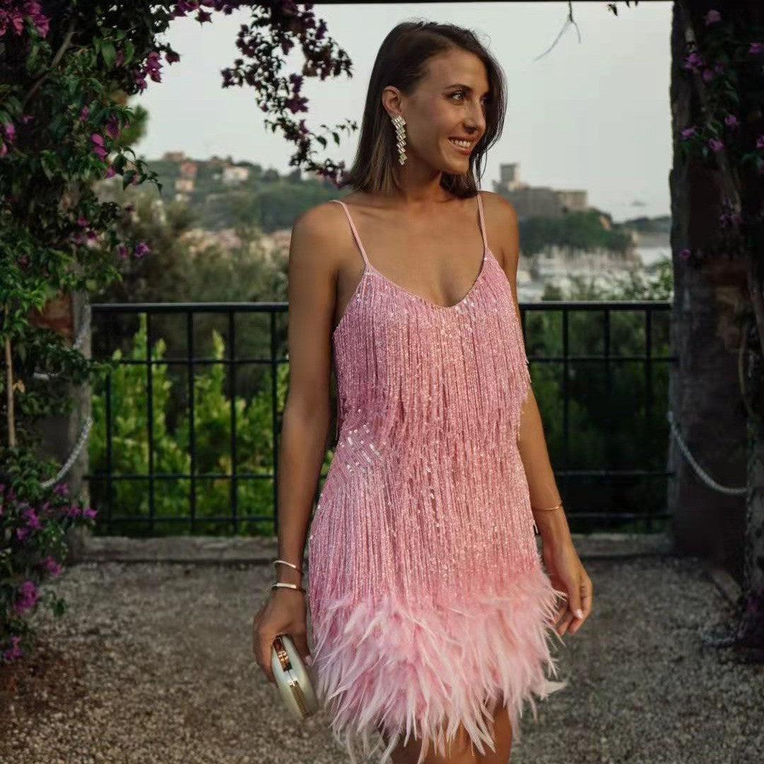 Women V Neck Spaghetti Strap Stitching Dresses