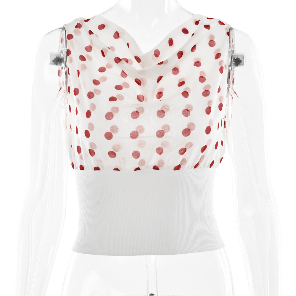 Polka Dots Print Oblique Shoulder Tops Summer Patchwork Chiffon Crop Top
