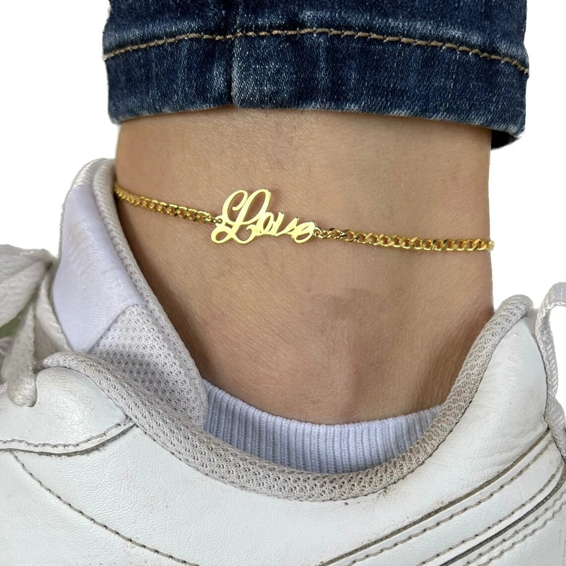 Stainless Steel Gold Color Nameplate Ankle Bracelet Handmade Gifts For Her
