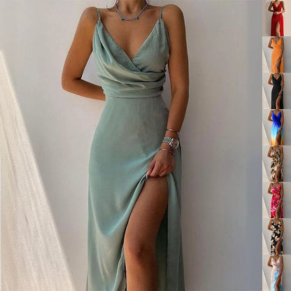 V-neck Slit Sling Dress Summer Fashion Sexy Slim Suspender Dresses
