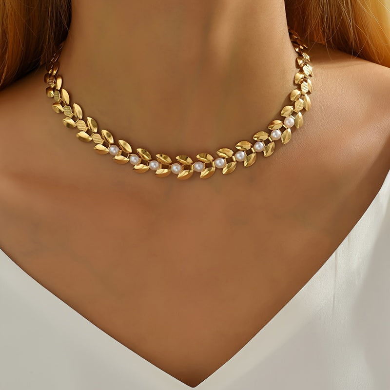 Pearl and Leave Wheat Spike Choker Necklace for Women