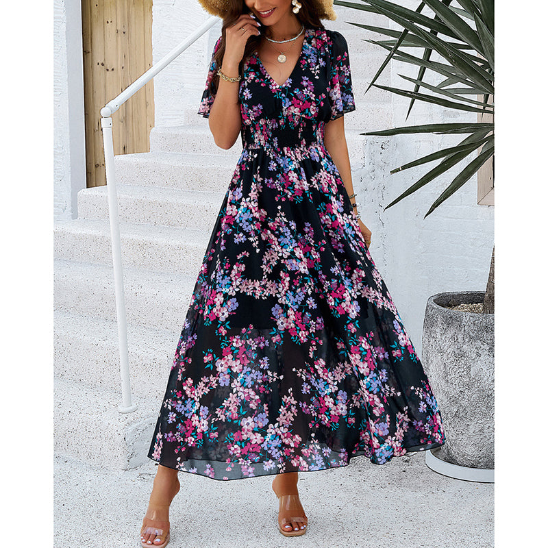 Womens Floral Puff Sleeve Boho Midi Dress