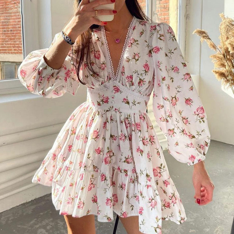 Womens Floral Puff Sleeve Mini Dress
