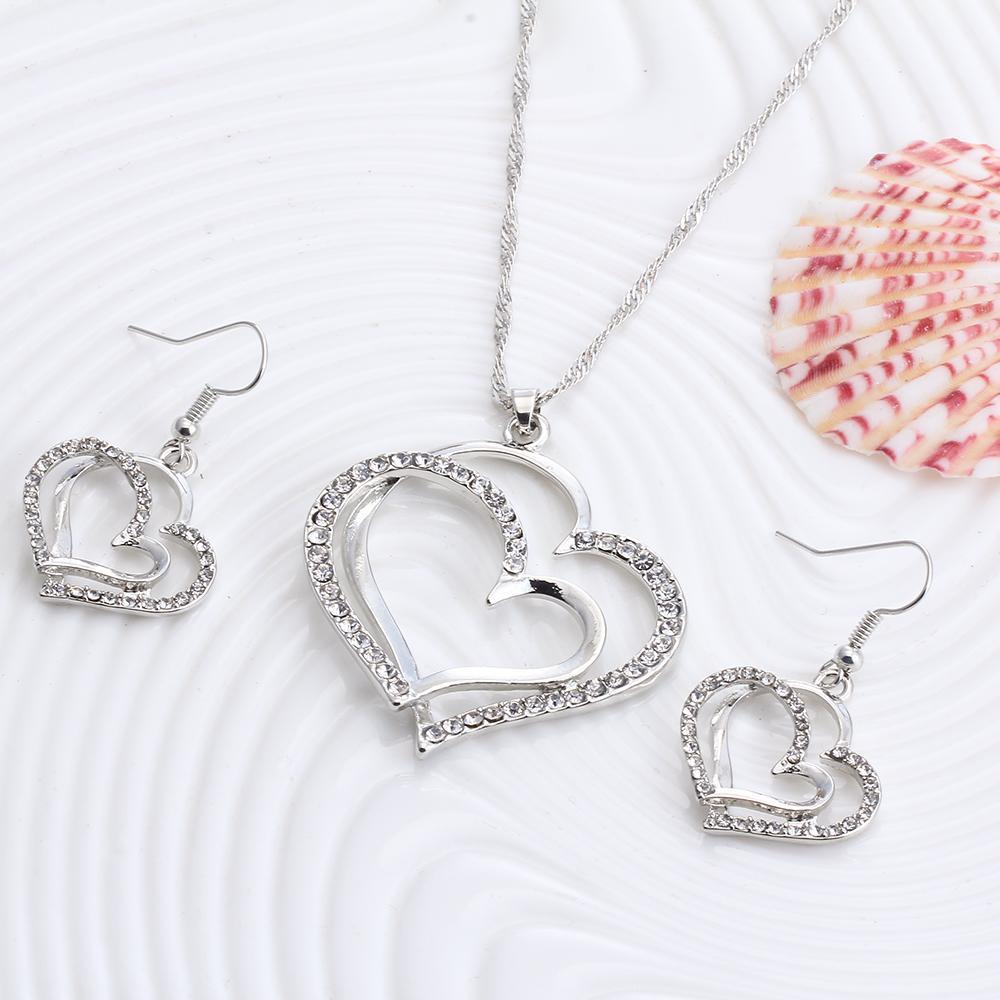 Romantic Heart Shaped Crystal Earrings Necklace Set