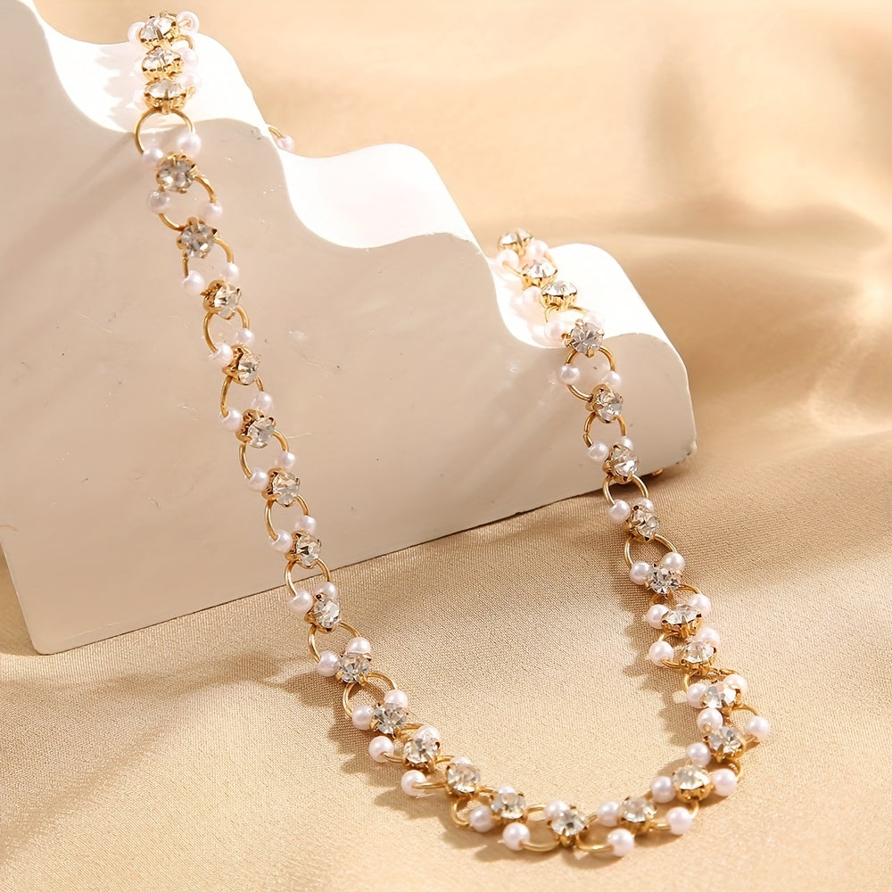 Unique Faux Pearl Inlaid Zirconia Choker Necklace