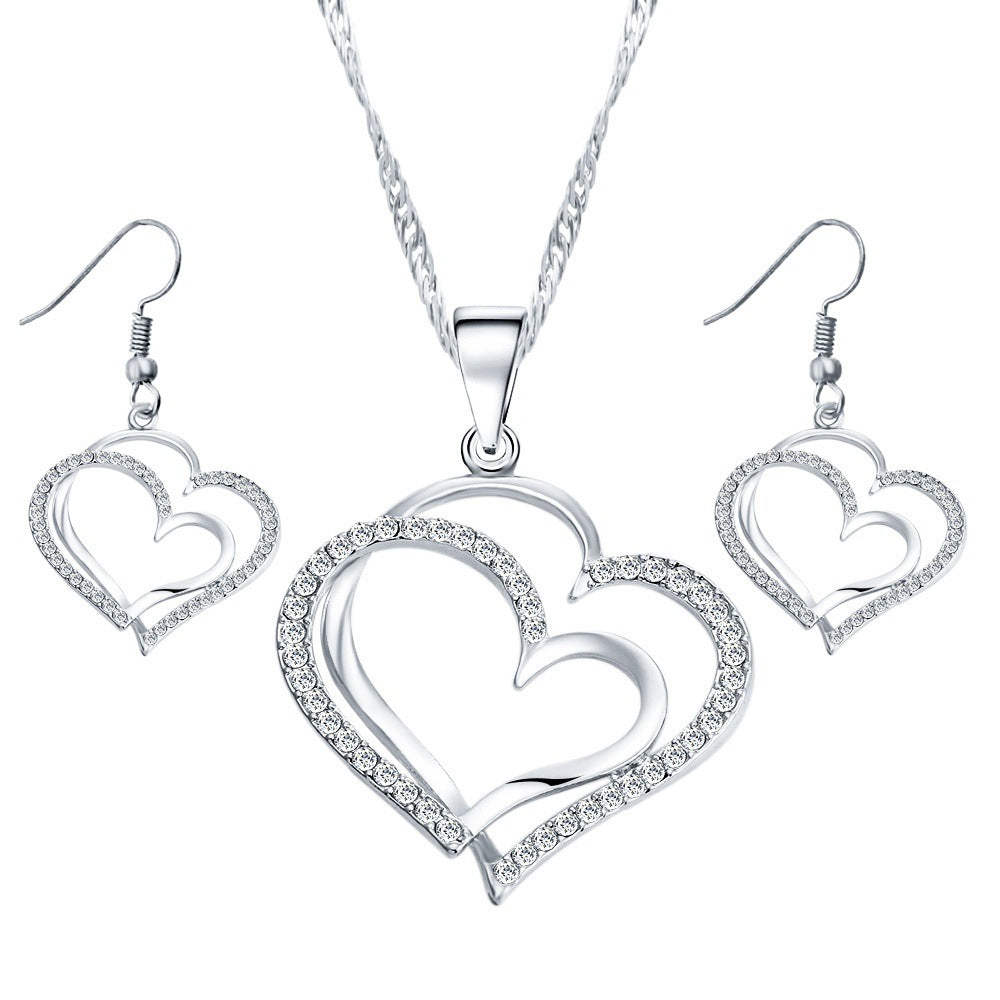 Romantic Heart Shaped Crystal Earrings Necklace Set