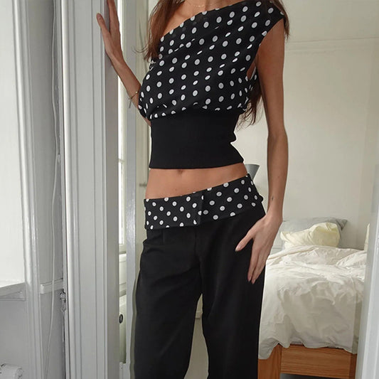 Polka Dots Print Oblique Shoulder Tops Summer Patchwork Chiffon Crop Top
