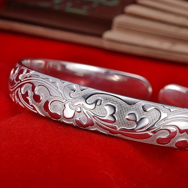 925 Sterling Silver Retro Floral Open Bracelet