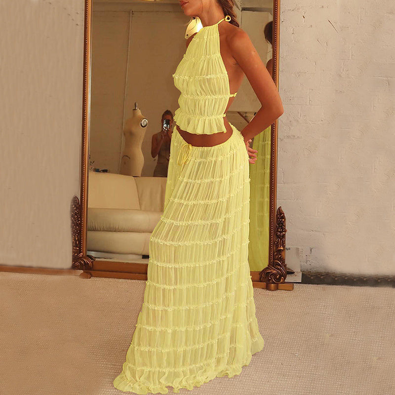2pcs Women's Dress Suit Sexy Sleeveless Backless Cropped Halter Top