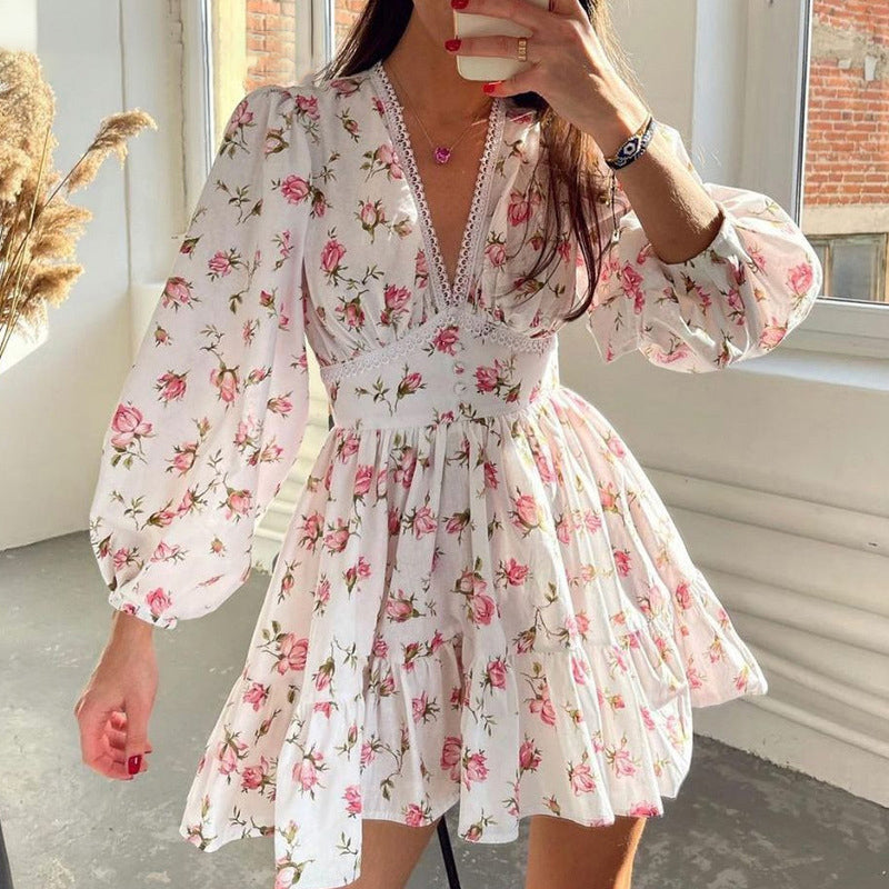 Womens Floral Puff Sleeve Mini Dress