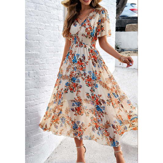 Womens Floral Puff Sleeve Boho Midi Dress