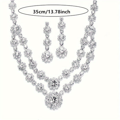 with a single row of rhinestone necklace with a pair of matching earrings.