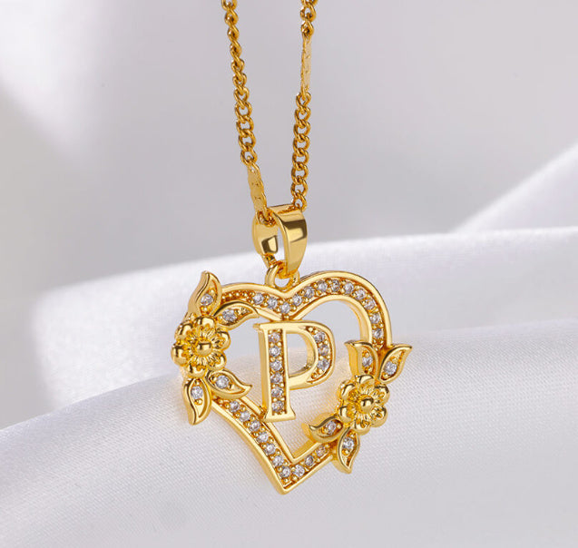 Fashion Hollowed-out Love Heart Flowers Letter Necklace