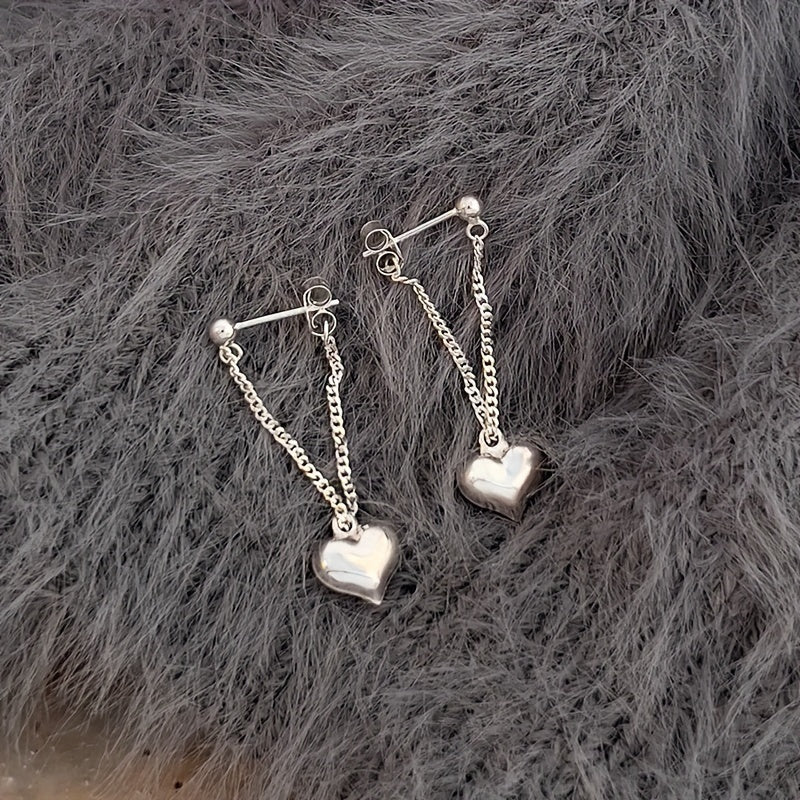 Silvery Heart Chain Earrings