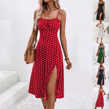 New Polka Dot Print Suspender Dress Summer Sexy Split Long Dresses