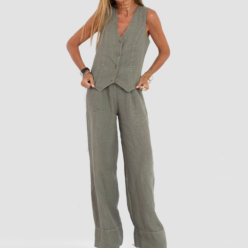 Summer Vest Suits V-neck Bottom Sleeveless Top And Loose Straight Trousers