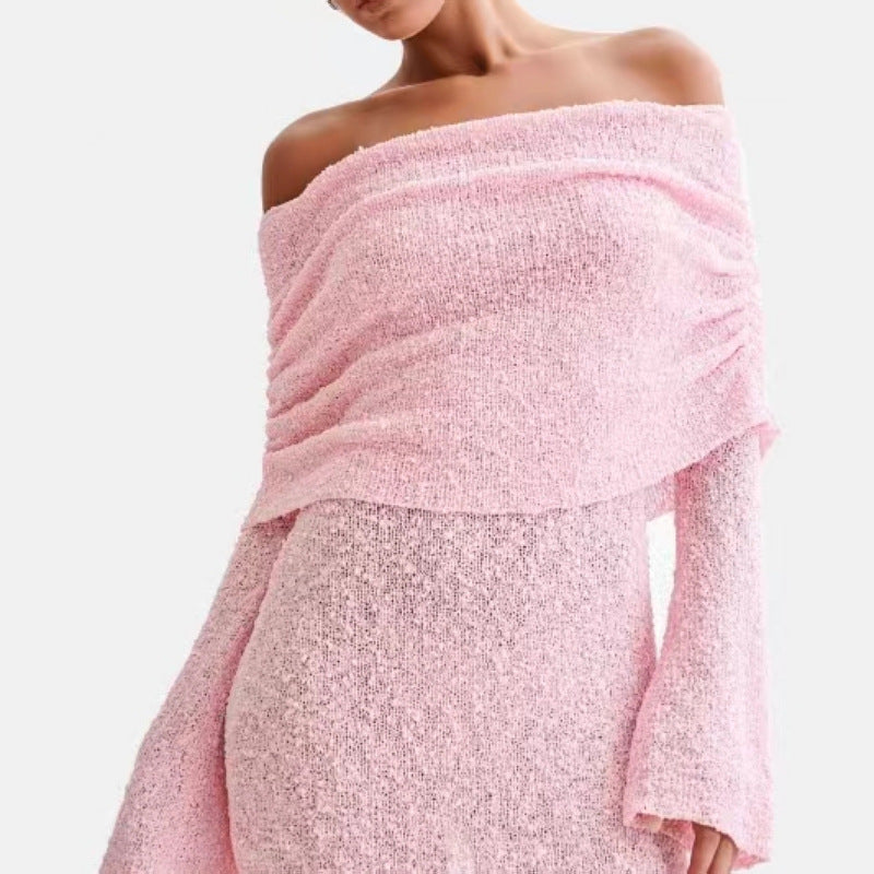 Women's Spring Summer Knitted Dress Elegant Party Boat Neck Dress