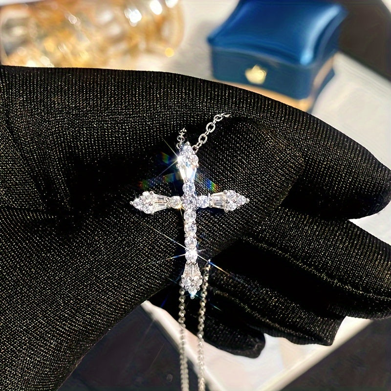 Delicate Zirconia Inlaid Cross Pendant Necklace