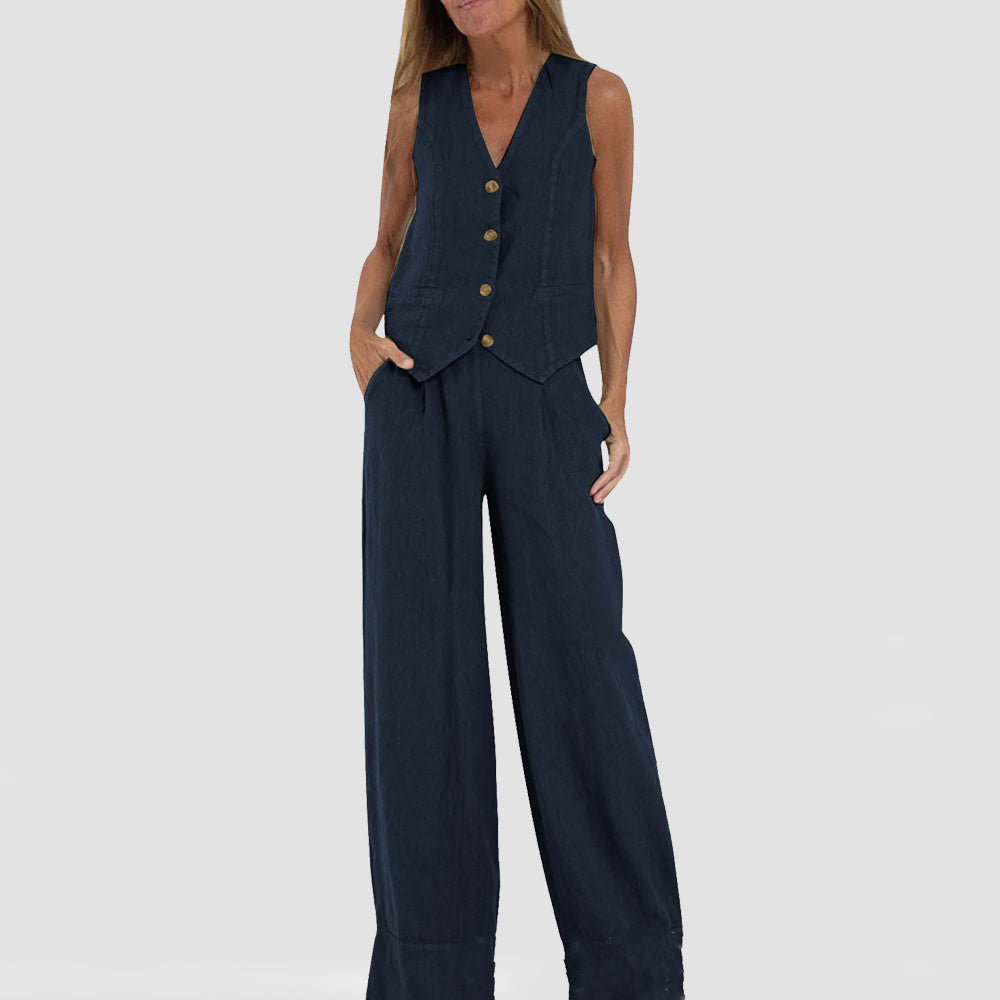 Summer Vest Suits V-neck Bottom Sleeveless Top And Loose Straight Trousers