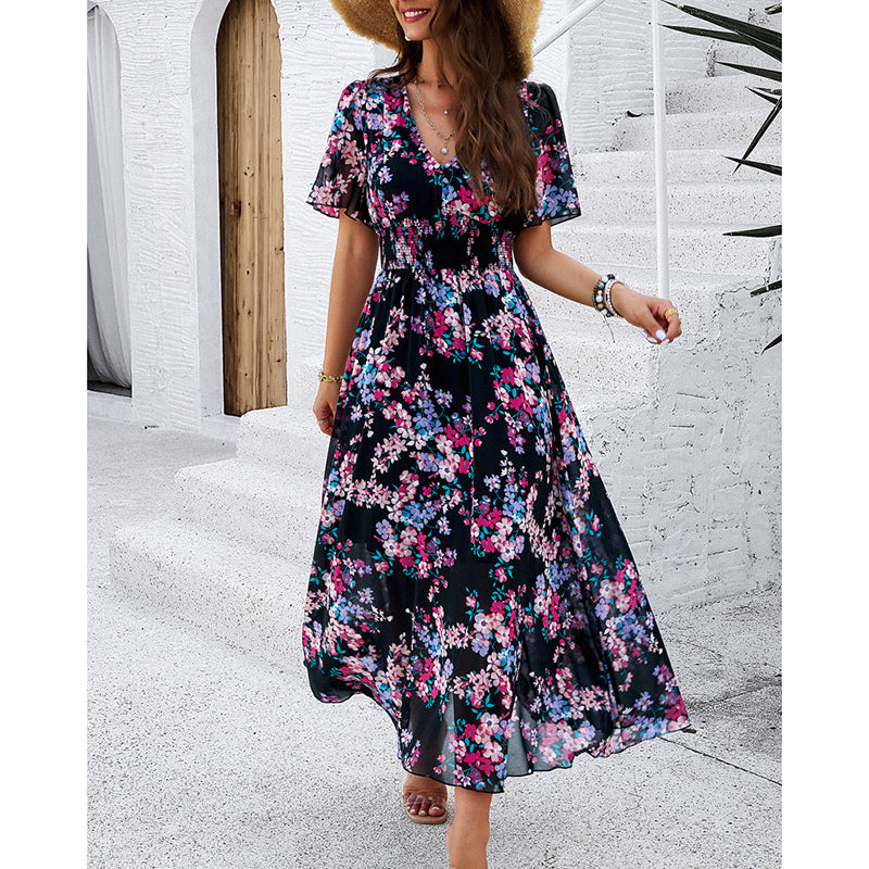Womens Floral Puff Sleeve Boho Midi Dress