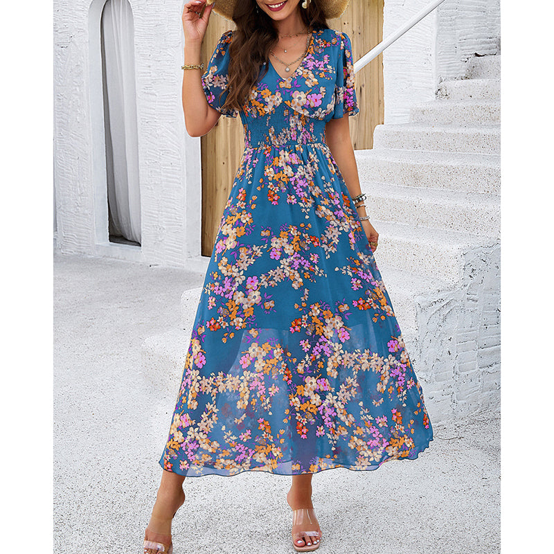 Womens Floral Puff Sleeve Boho Midi Dress