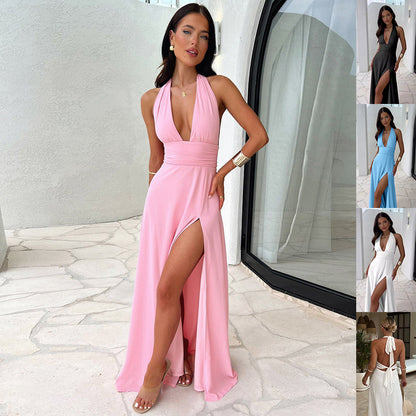 Sexy Halterneck V-neck Slit Dress Summer Backless