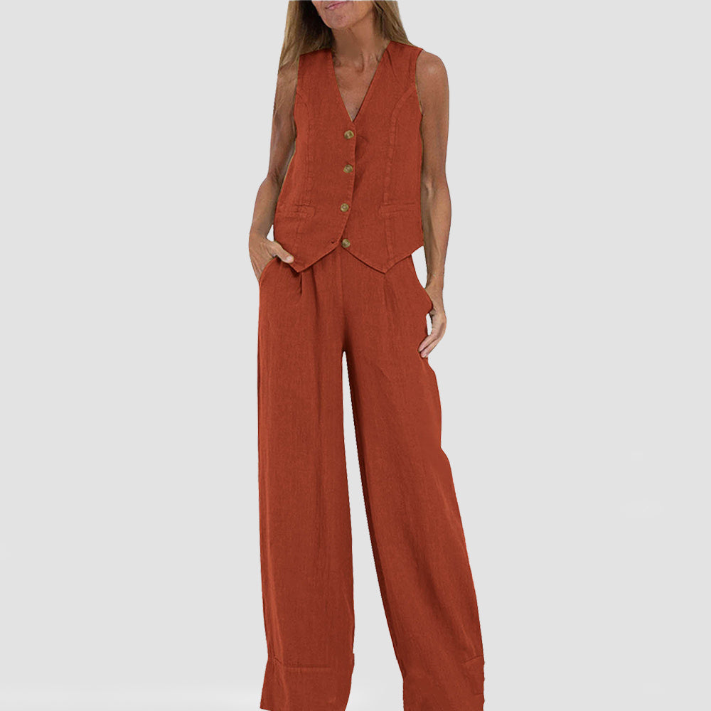 Summer Vest Suits V-neck Bottom Sleeveless Top And Loose Straight Trousers