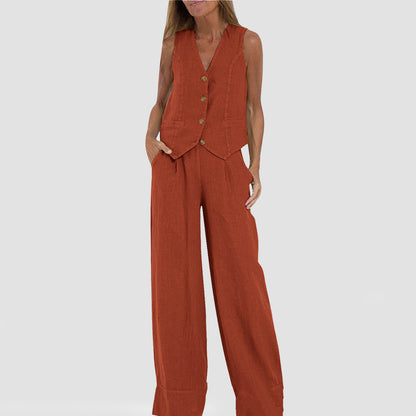 Summer Vest Suits V-neck Bottom Sleeveless Top And Loose Straight Trousers