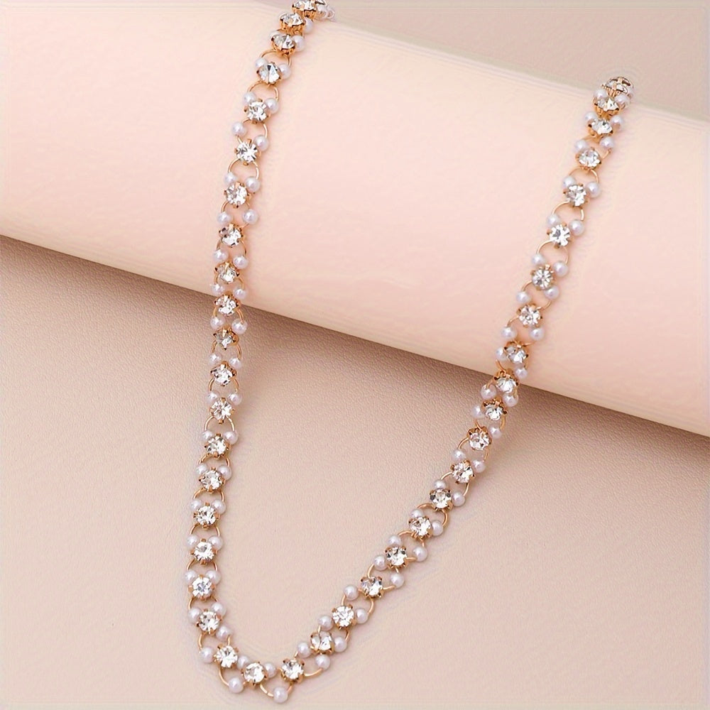 Modern and Sheer Style Pearl Rhinestone Chain Choker Necklace