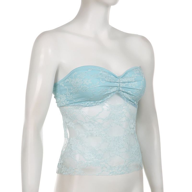 Bow Lace Tube Top Sexy Backless Lace-up Dopamine