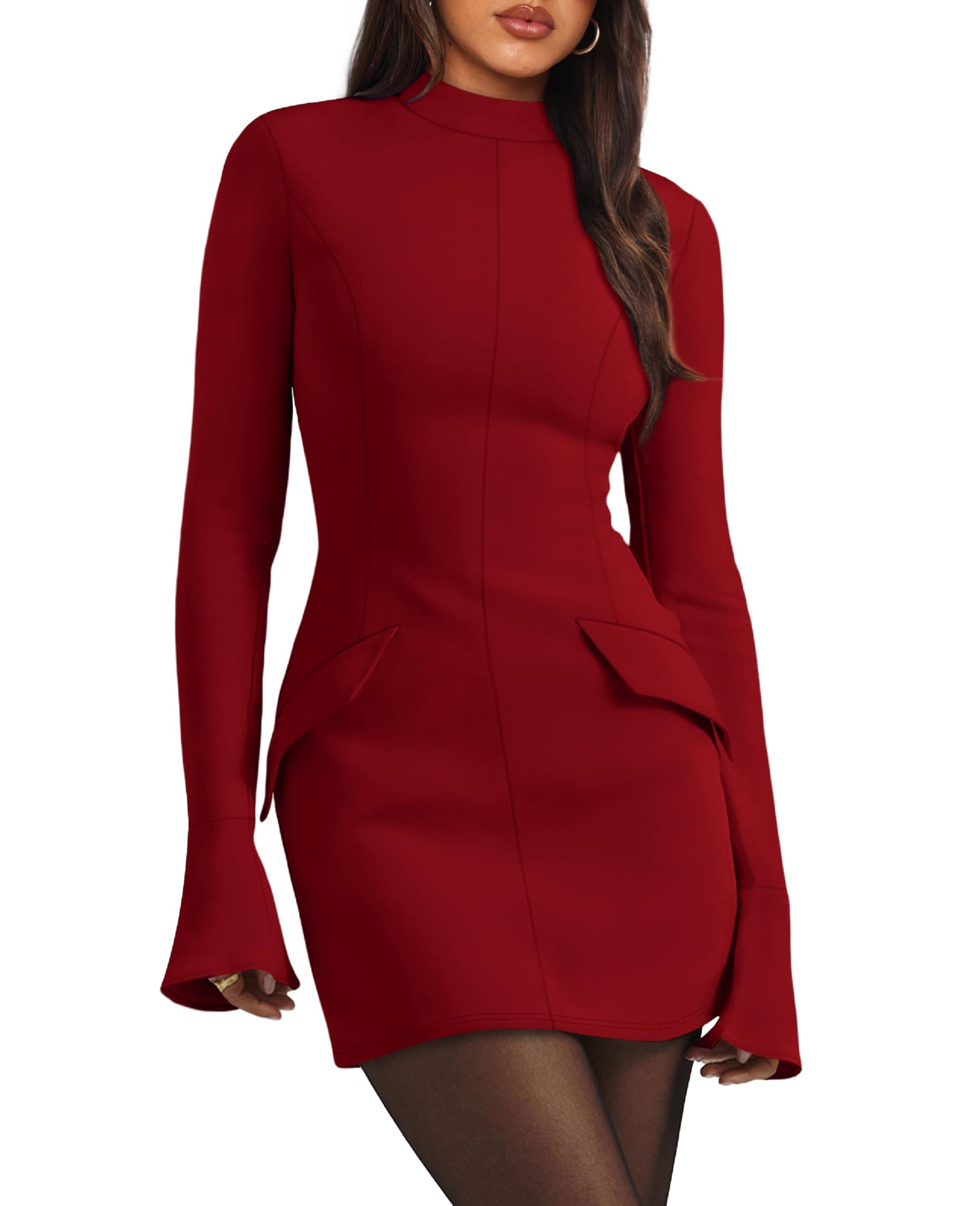 OFEEFAN Women's Fall Long Sleeve Mock Neck Dress Basic Party Club Bodycon Mini Dresses