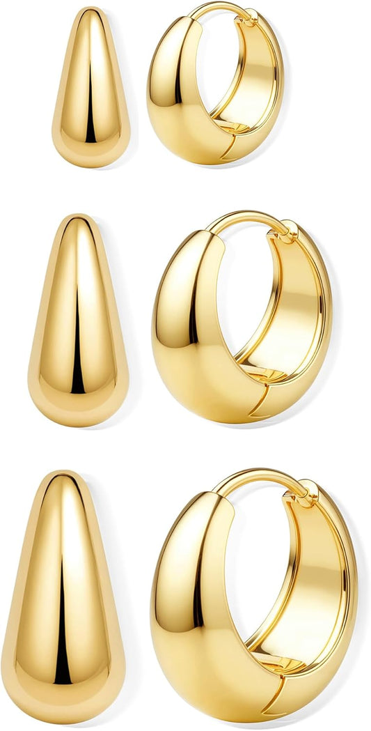 BESTEEL 3Pairs 14K Gold Plated Hoop Earrings Set