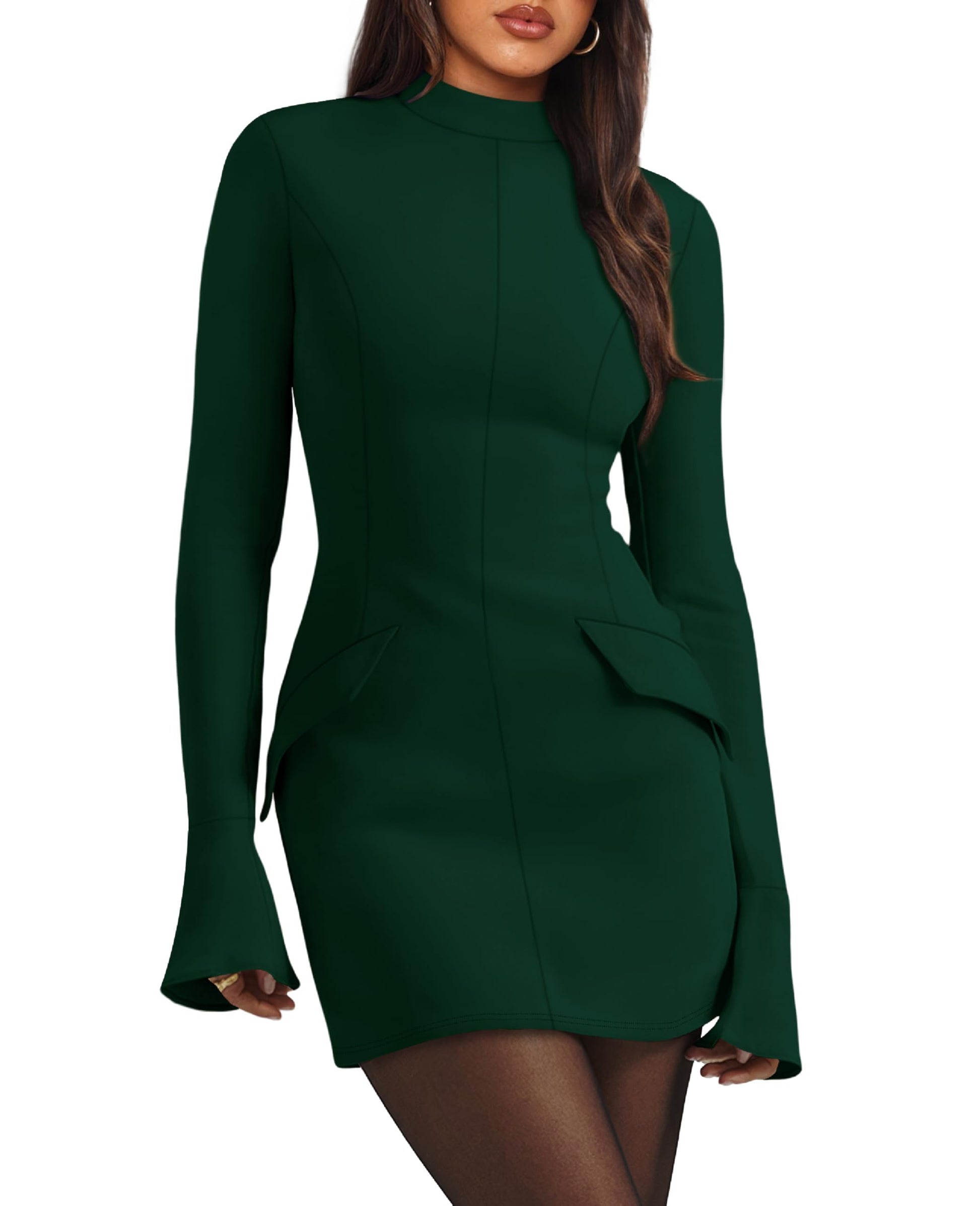 OFEEFAN Women's Fall Long Sleeve Mock Neck Dress Basic Party Club Bodycon Mini Dresses